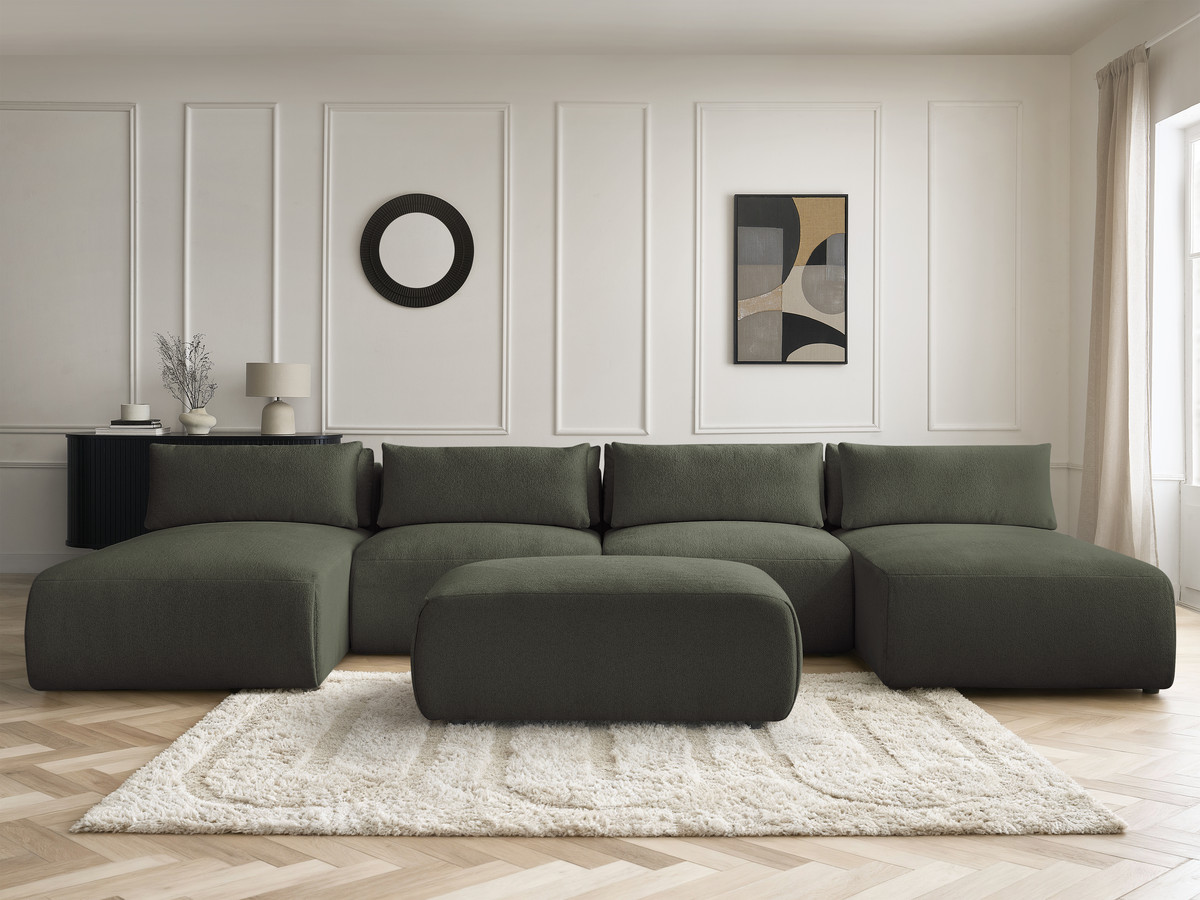 Modulaire vaste panoramabank met hoofdsteunen JANA gemêleerde stof met 2 chaise longues, 2 fauteuils en 1 kleine poef