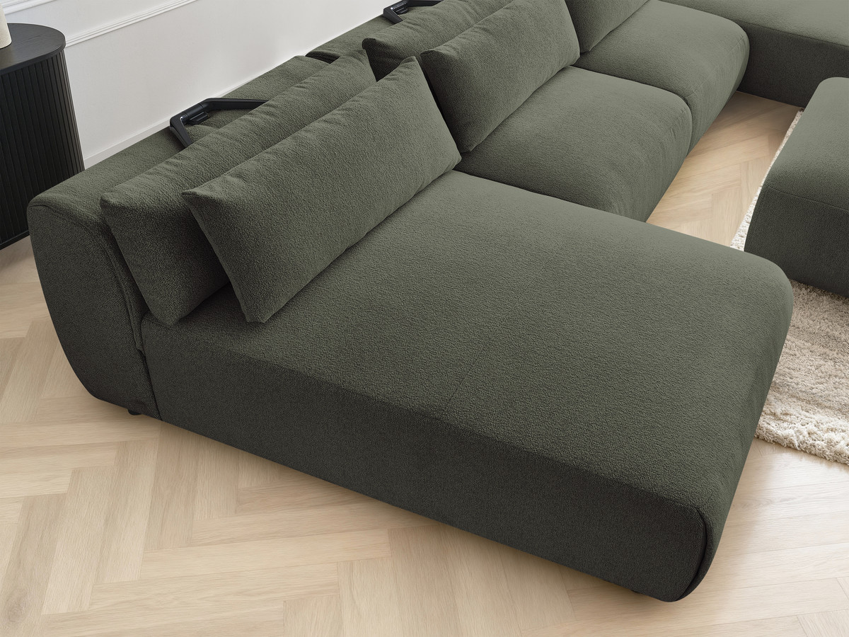 Modulaire vaste panoramabank met hoofdsteunen JANA gemêleerde stof met 2 chaise longues, 2 fauteuils en 1 kleine poef