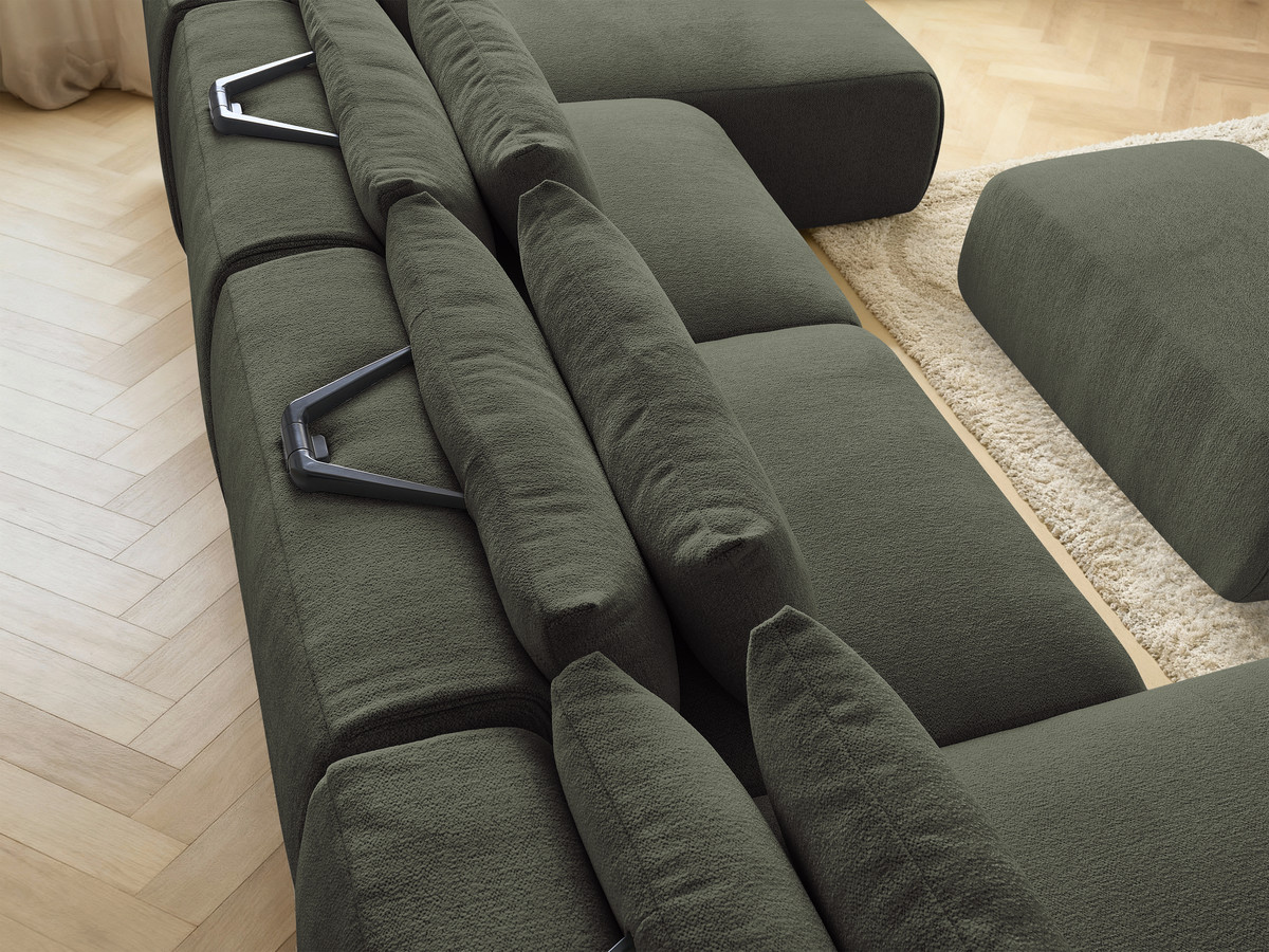 Modulaire vaste panoramabank met hoofdsteunen JANA gemêleerde stof met 2 chaise longues, 2 fauteuils en 1 kleine poef