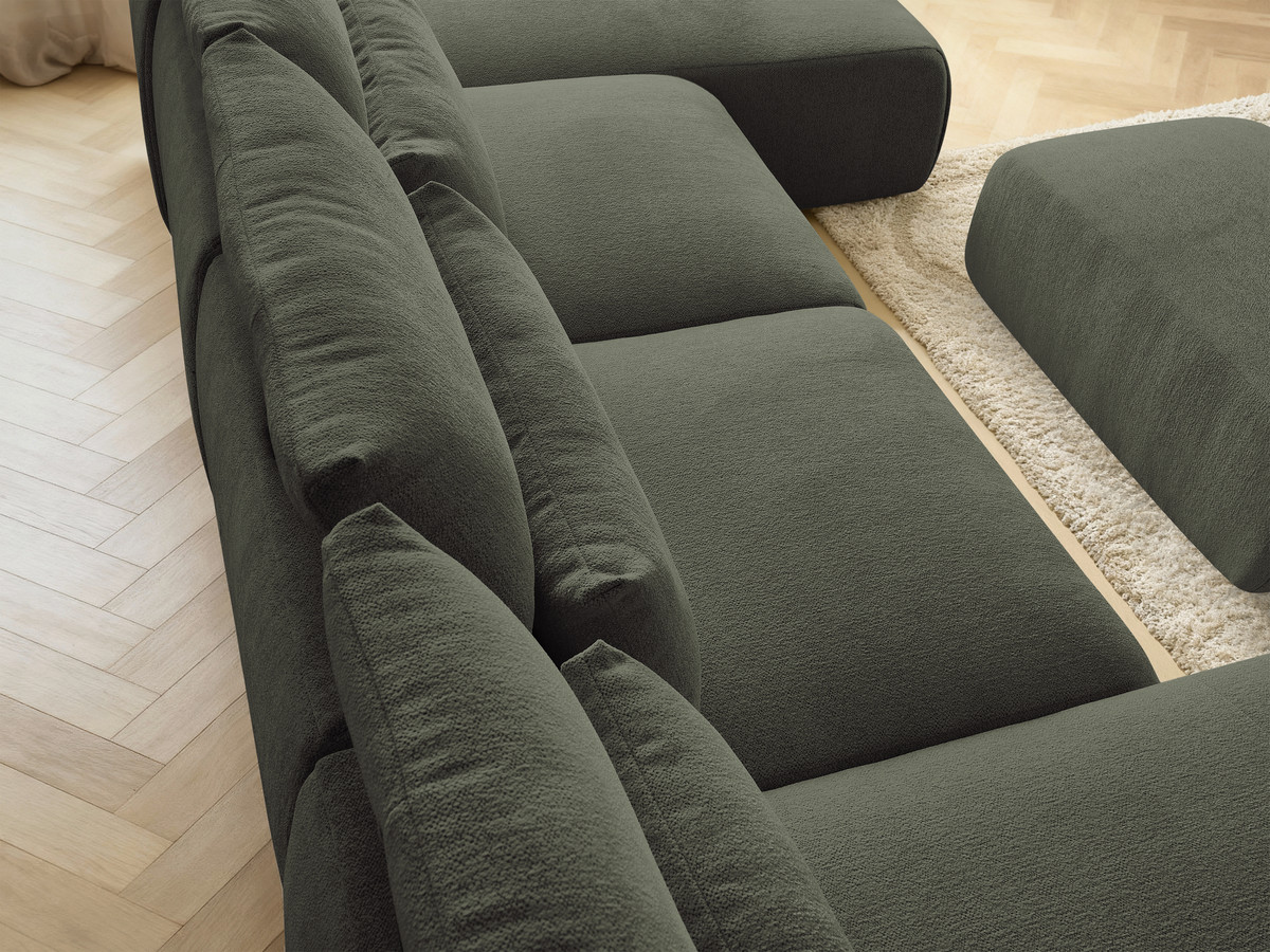 Modulaire vaste panoramabank met hoofdsteunen JANA gemêleerde stof met 2 chaise longues, 2 fauteuils en 1 kleine poef