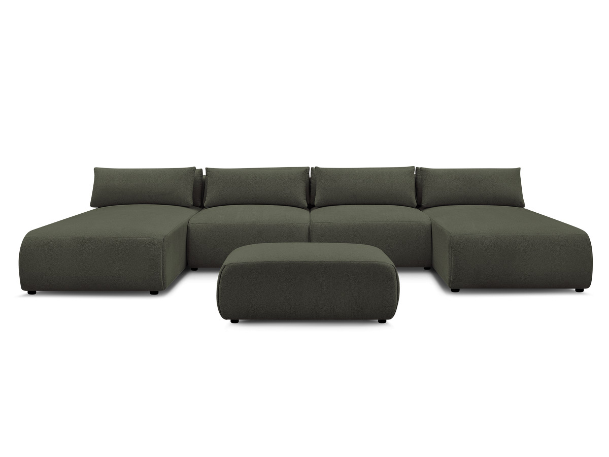Modulaire vaste panoramabank met hoofdsteunen JANA gemêleerde stof met 2 chaise longues, 2 fauteuils en 1 kleine poef