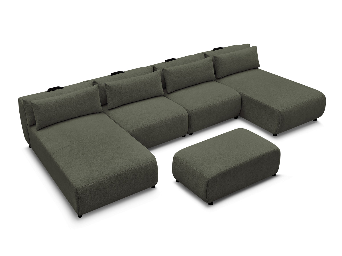 Modulaire vaste panoramabank met hoofdsteunen JANA gemêleerde stof met 2 chaise longues, 2 fauteuils en 1 kleine poef