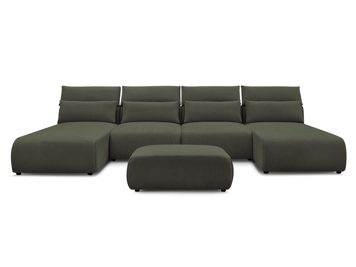 Modulaire vaste panoramabank met hoofdsteunen JANA gemêleerde stof met 2 chaise longues, 2 fauteuils en 1 kleine poef