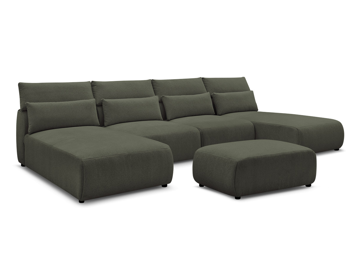 Modulaire vaste panoramabank met hoofdsteunen JANA gemêleerde stof met 2 chaise longues, 2 fauteuils en 1 kleine poef