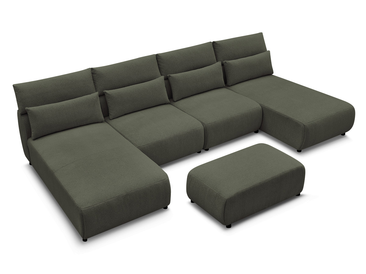 Modulaire vaste panoramabank met hoofdsteunen JANA gemêleerde stof met 2 chaise longues, 2 fauteuils en 1 kleine poef