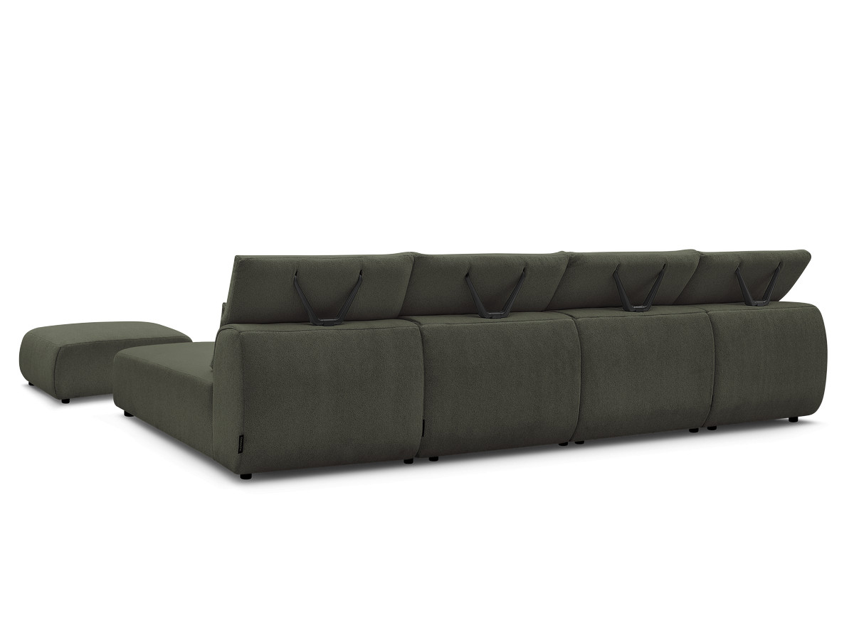 Modulaire vaste panoramabank met hoofdsteunen JANA gemêleerde stof met 2 chaise longues, 2 fauteuils en 1 kleine poef