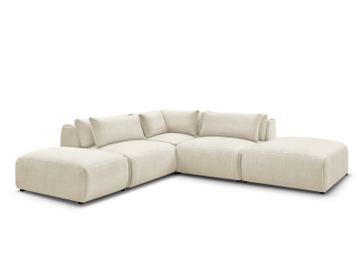 Canapé d'angle fixe modulable avec têtières JANA tissu velours avec 2 chauffeuses, 1 angle et 2 poufs