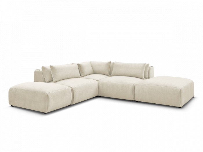 Canapé d'angle fixe modulable avec têtières JANA tissu velours avec 2 chauffeuses, 1 angle et 2 poufs