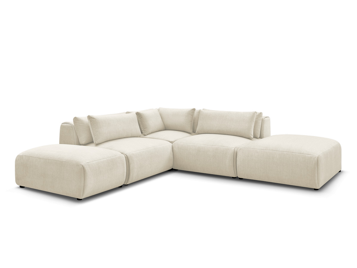 canapé d'angle fixe modulable avec têtières jana tissu velours avec 2 chauffeuses, 1 angle et 2 poufs de couleur beige