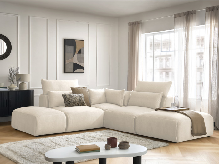 Canapé d'angle fixe modulable avec têtières JANA tissu velours avec 2 chauffeuses, 1 angle et 2 poufs