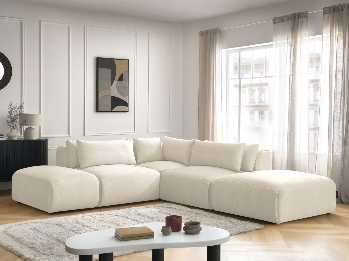 Canapé d'angle fixe modulable avec têtières JANA tissu velours avec 2 chauffeuses, 1 angle et 2 poufs