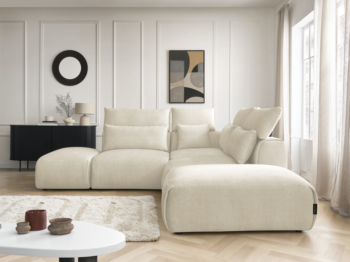 Canapé d'angle fixe modulable avec têtières JANA tissu velours avec 2 chauffeuses, 1 angle et 2 poufs