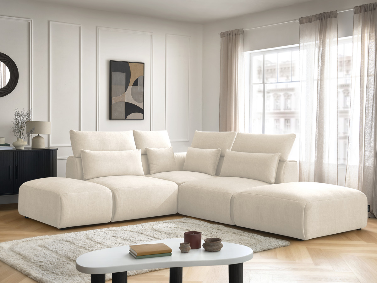 Canapé d'angle fixe modulable avec têtières JANA tissu velours avec 2 chauffeuses, 1 angle et 2 poufs