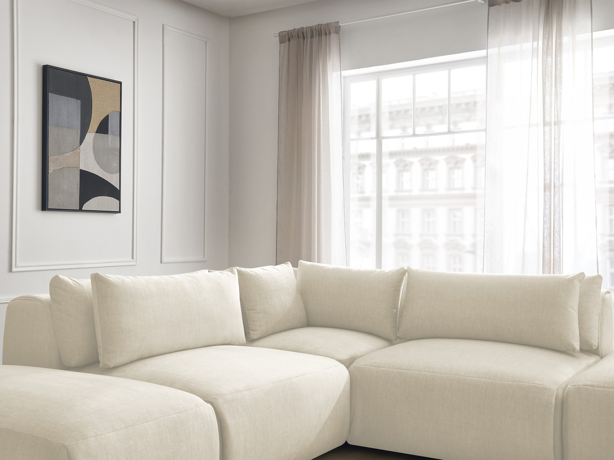 Canapé d'angle fixe modulable avec têtières JANA tissu velours avec 2 chauffeuses, 1 angle et 2 poufs