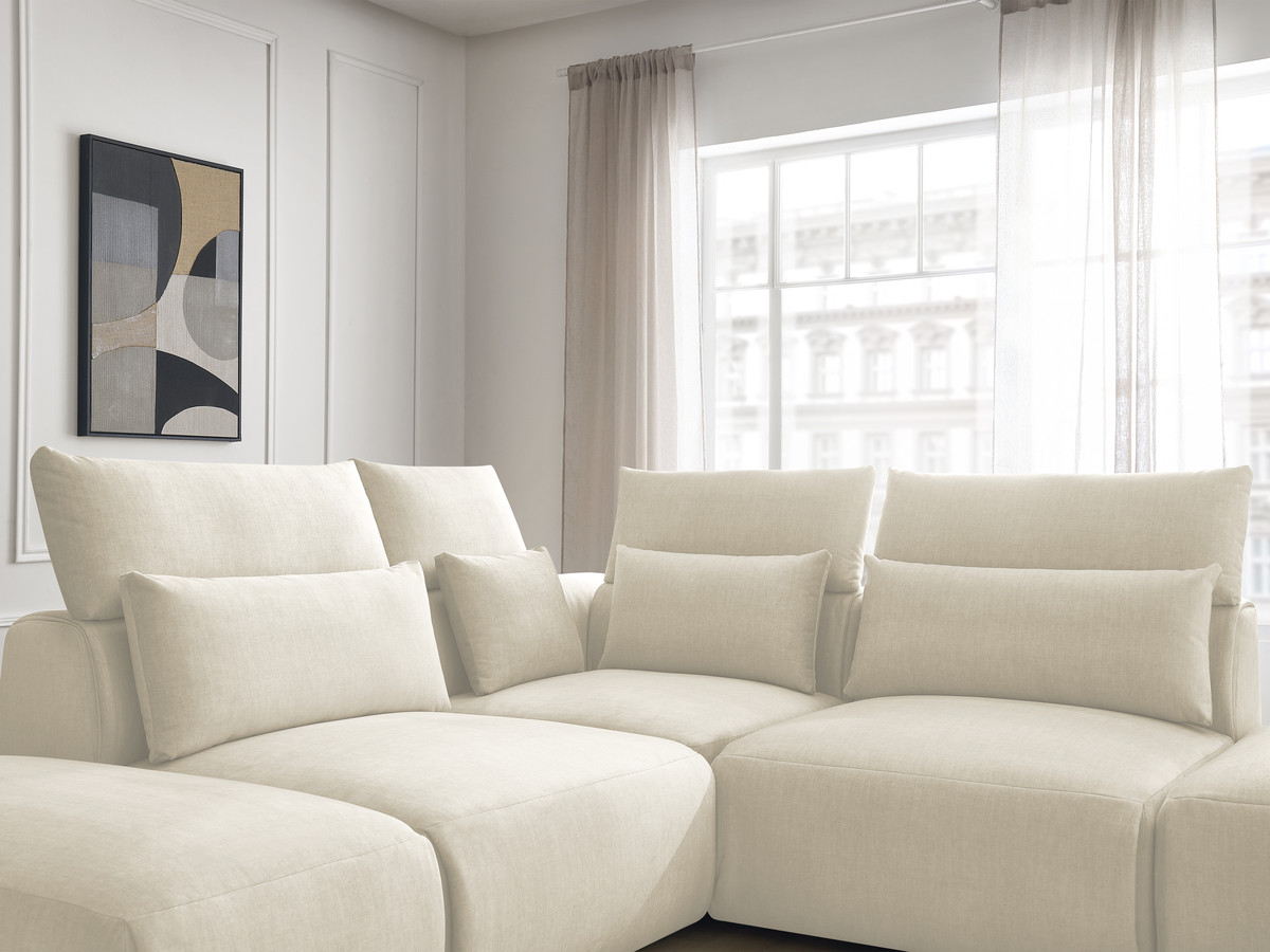 Canapé d'angle fixe modulable avec têtières JANA tissu velours avec 2 chauffeuses, 1 angle et 2 poufs