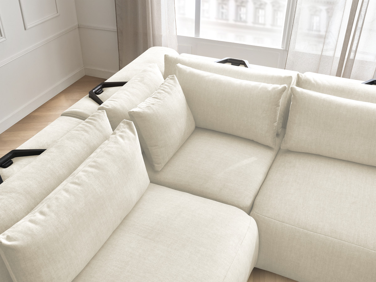 Canapé d'angle fixe modulable avec têtières JANA tissu velours avec 2 chauffeuses, 1 angle et 2 poufs