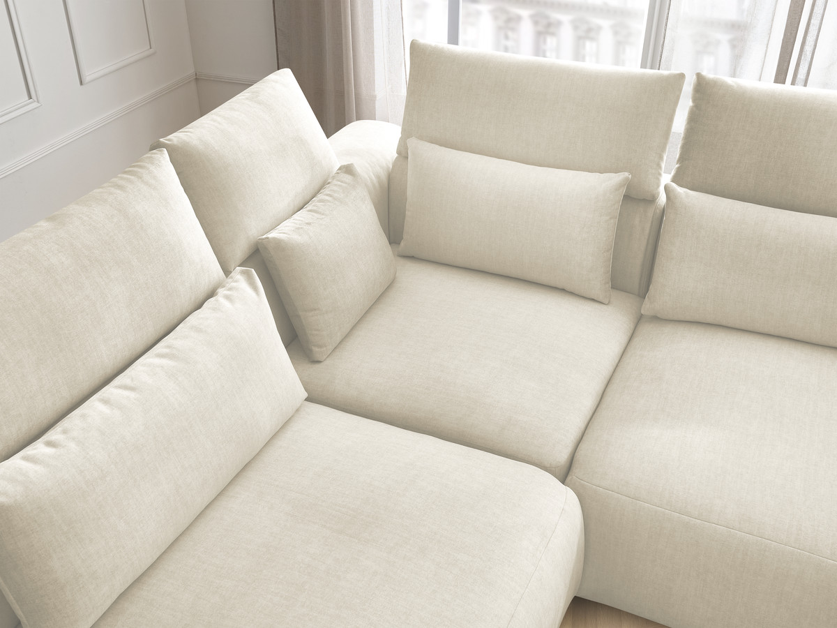 Canapé d'angle fixe modulable avec têtières JANA tissu velours avec 2 chauffeuses, 1 angle et 2 poufs