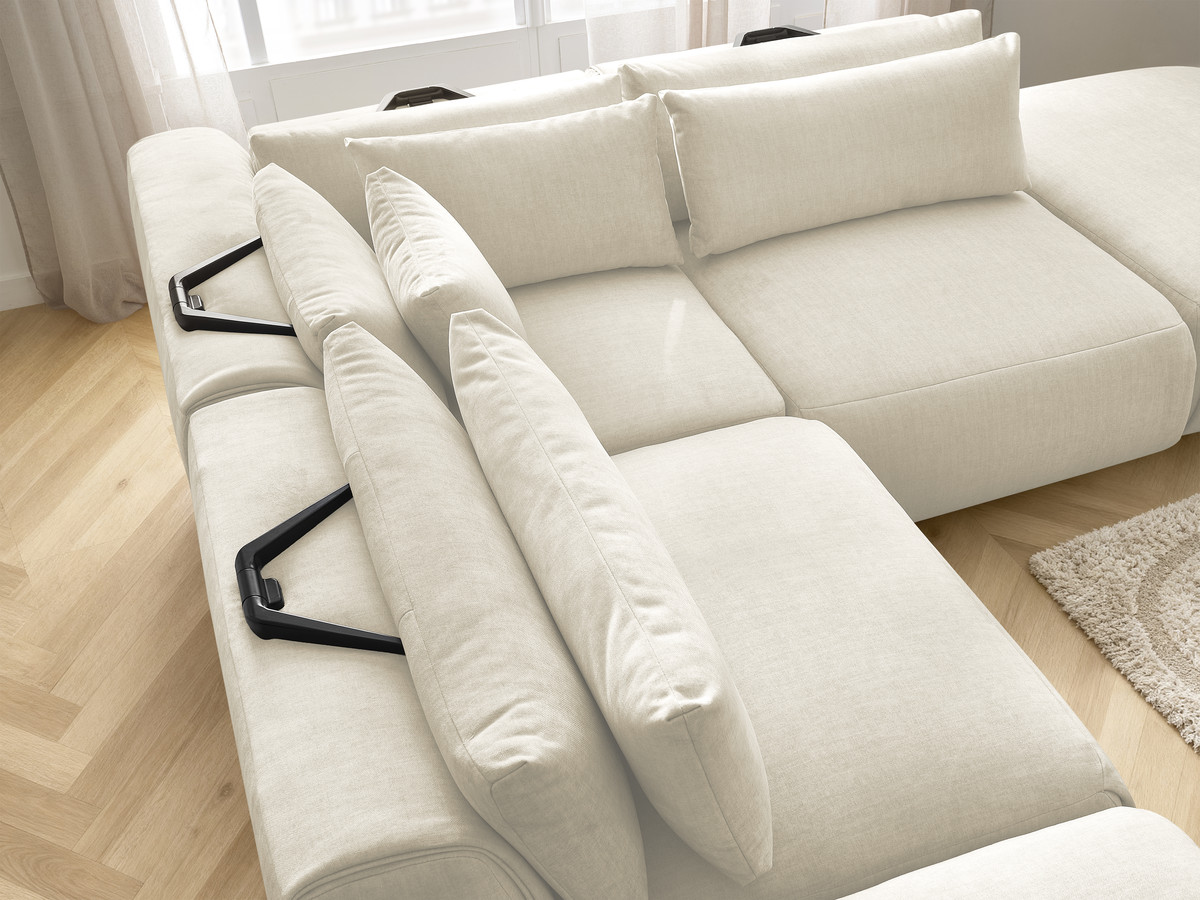 Canapé d'angle fixe modulable avec têtières JANA tissu velours avec 2 chauffeuses, 1 angle et 2 poufs