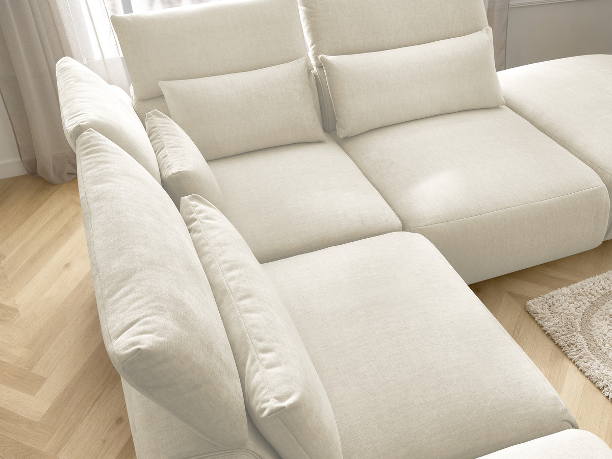 Canapé d'angle fixe modulable avec têtières JANA tissu velours avec 2 chauffeuses, 1 angle et 2 poufs