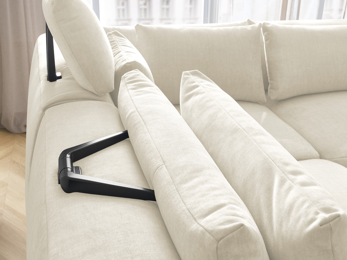 Canapé d'angle fixe modulable avec têtières JANA tissu velours avec 2 chauffeuses, 1 angle et 2 poufs