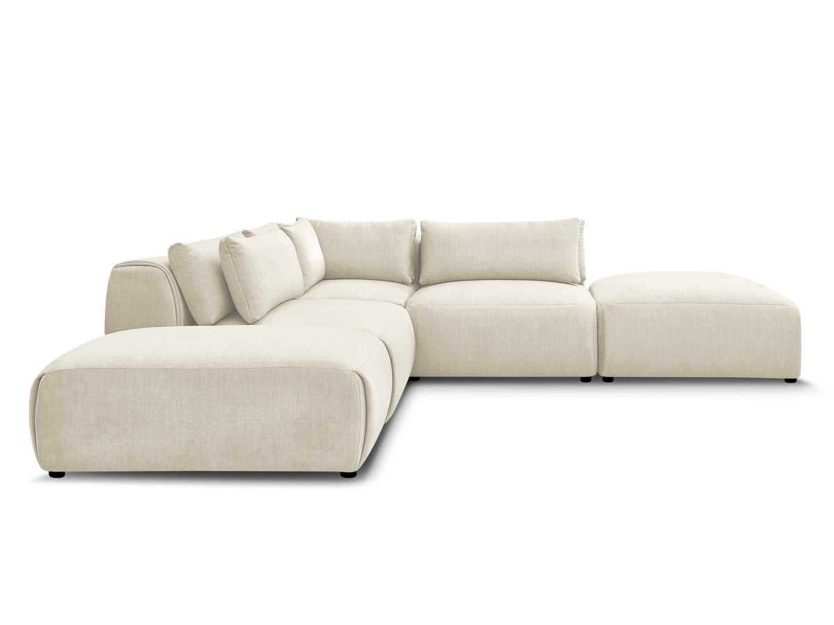 Canapé d'angle fixe modulable avec têtières JANA tissu velours avec 2 chauffeuses, 1 angle et 2 poufs