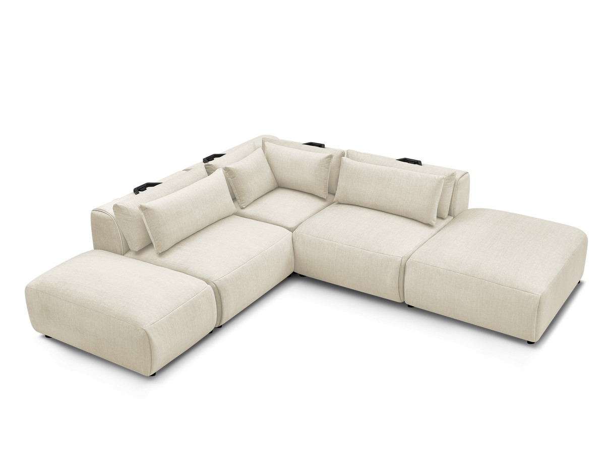 Canapé d'angle fixe modulable avec têtières JANA tissu velours avec 2 chauffeuses, 1 angle et 2 poufs