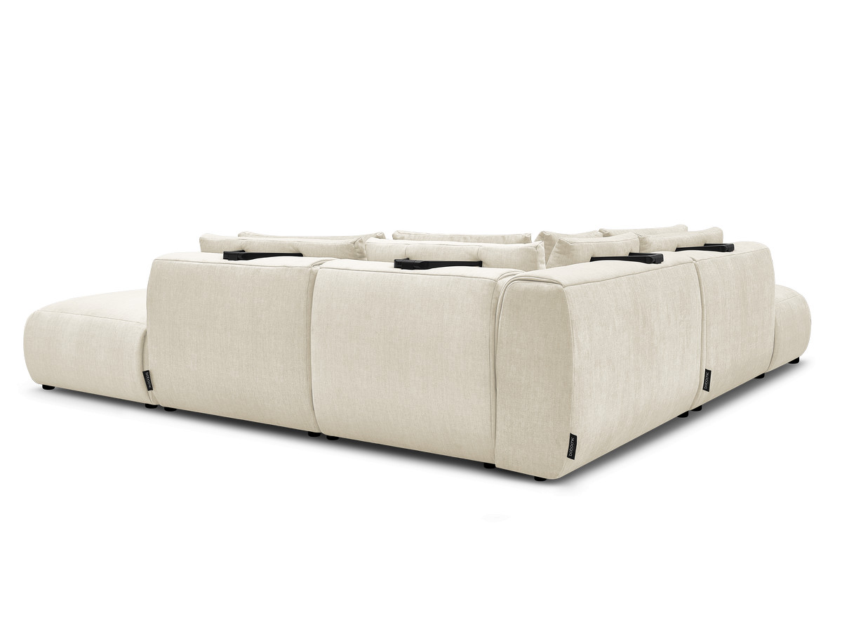 Canapé d'angle fixe modulable avec têtières JANA tissu velours avec 2 chauffeuses, 1 angle et 2 poufs