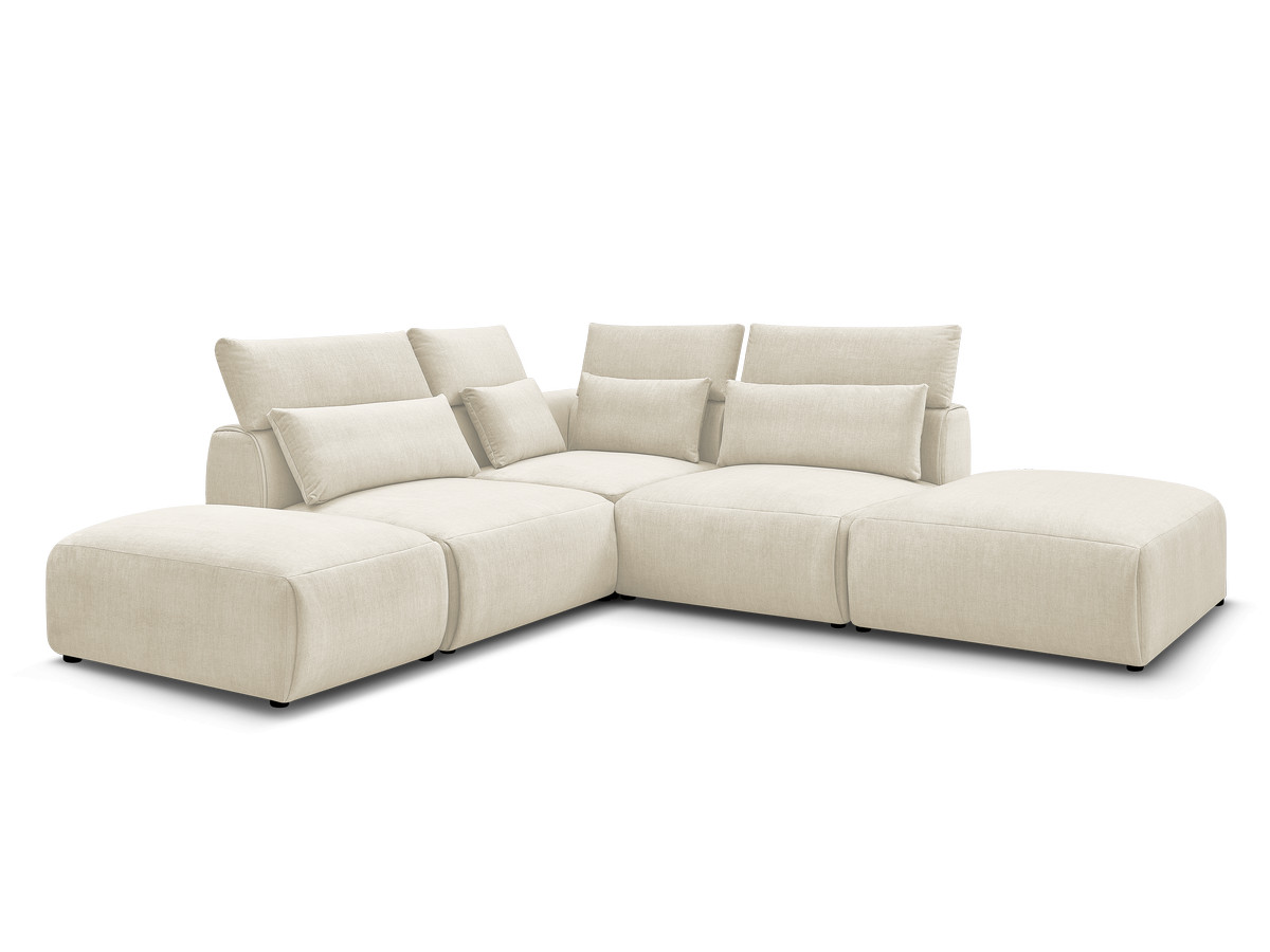 Canapé d'angle fixe modulable avec têtières JANA tissu velours avec 2 chauffeuses, 1 angle et 2 poufs