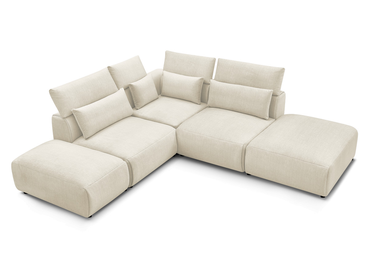 Canapé d'angle fixe modulable avec têtières JANA tissu velours avec 2 chauffeuses, 1 angle et 2 poufs