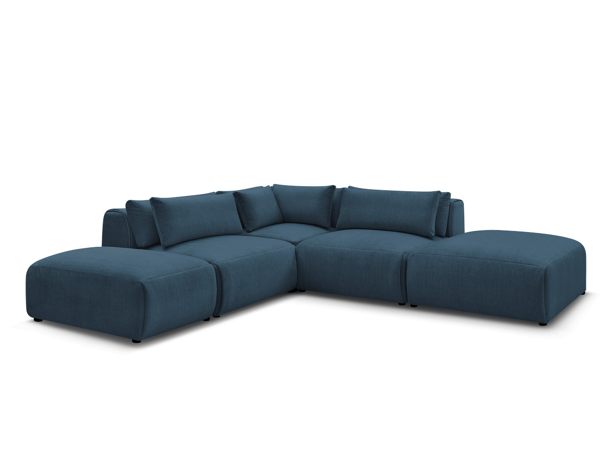 canapé d'angle fixe modulable avec têtières jana tissu velours avec 2 chauffeuses, 1 angle et 2 poufs de couleur bleu