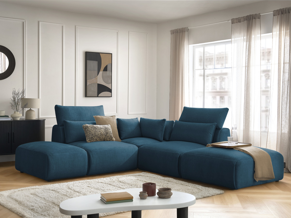 Canapé d'angle fixe modulable avec têtières JANA tissu velours avec 2 chauffeuses, 1 angle et 2 poufs