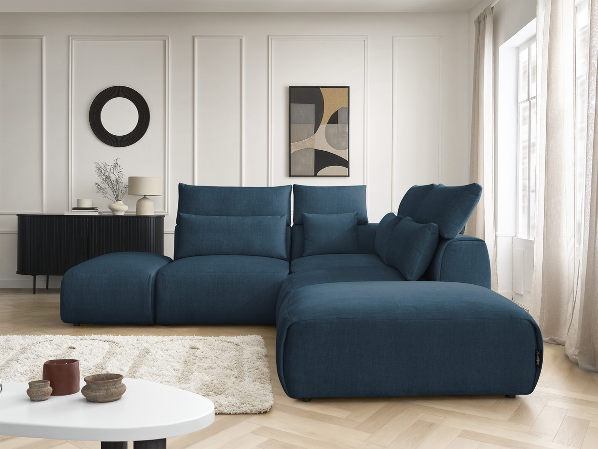 Canapé d'angle fixe modulable avec têtières JANA tissu velours avec 2 chauffeuses, 1 angle et 2 poufs