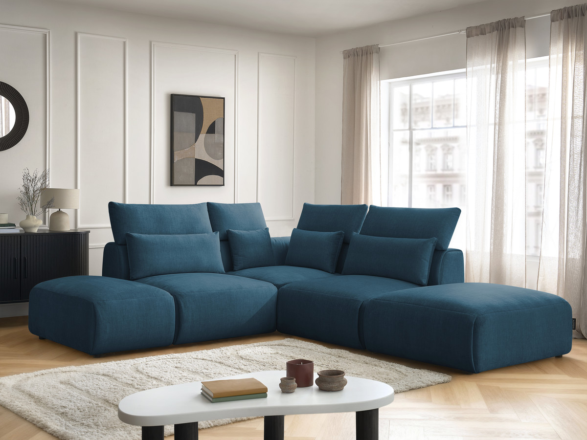 Canapé d'angle fixe modulable avec têtières JANA tissu velours avec 2 chauffeuses, 1 angle et 2 poufs