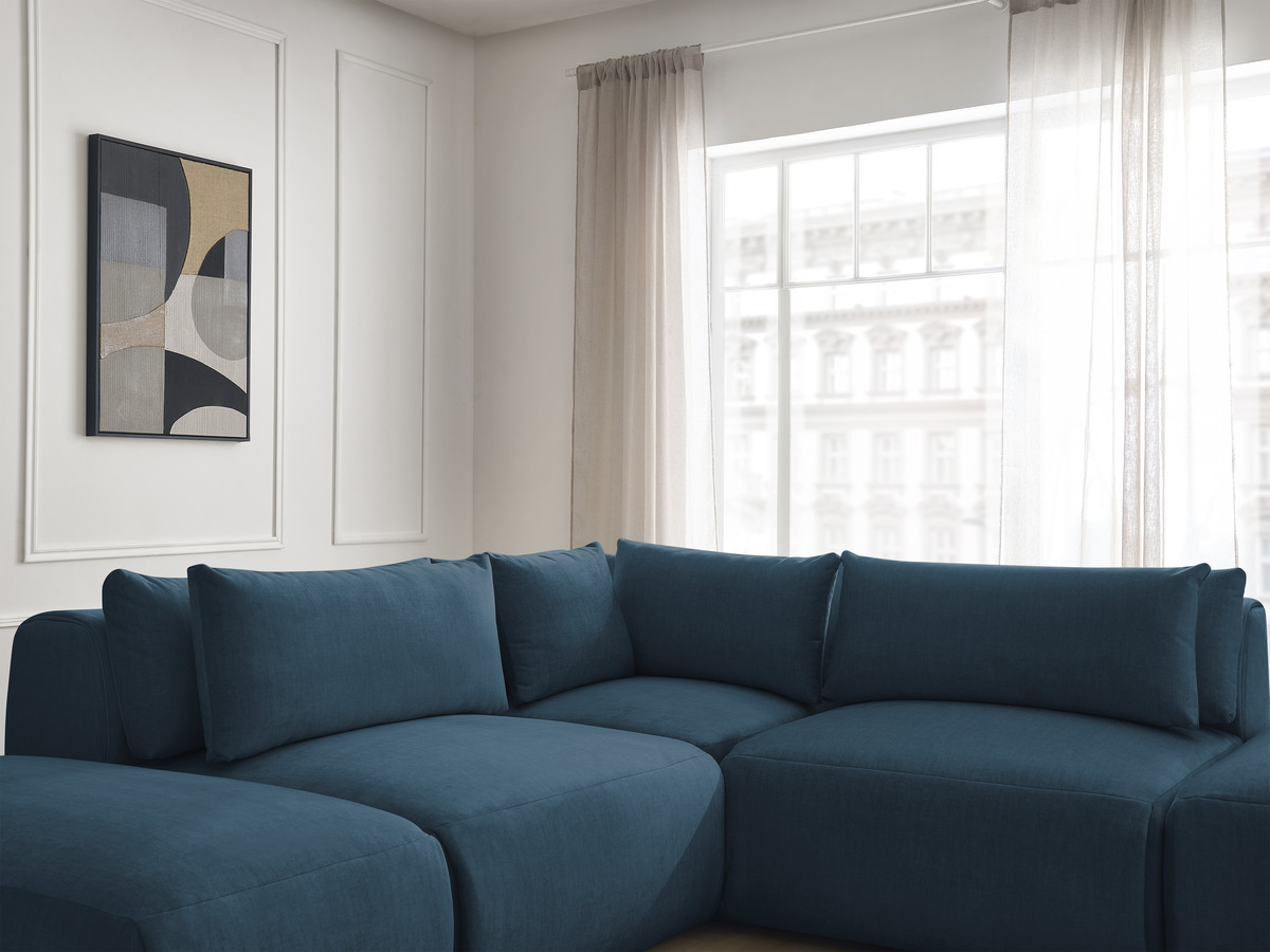 Canapé d'angle fixe modulable avec têtières JANA tissu velours avec 2 chauffeuses, 1 angle et 2 poufs