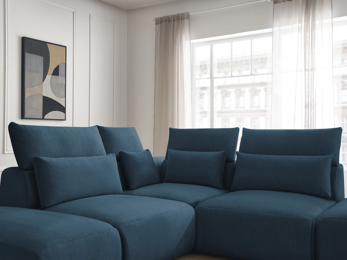 Canapé d'angle fixe modulable avec têtières JANA tissu velours avec 2 chauffeuses, 1 angle et 2 poufs