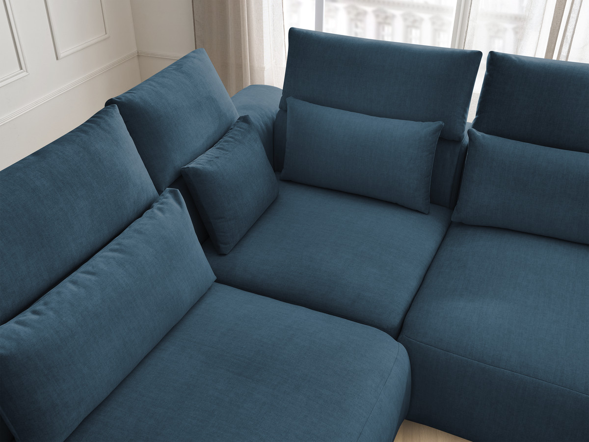 Canapé d'angle fixe modulable avec têtières JANA tissu velours avec 2 chauffeuses, 1 angle et 2 poufs