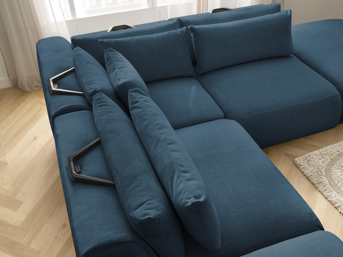 Canapé d'angle fixe modulable avec têtières JANA tissu velours avec 2 chauffeuses, 1 angle et 2 poufs