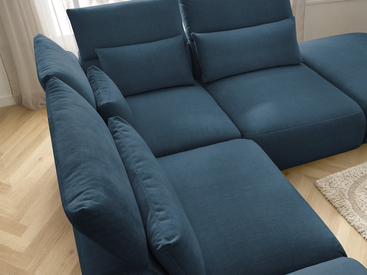 Canapé d'angle fixe modulable avec têtières JANA tissu velours avec 2 chauffeuses, 1 angle et 2 poufs