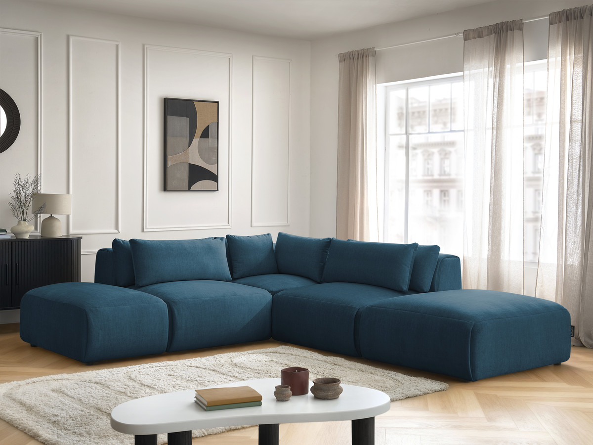 Canapé d'angle fixe modulable avec têtières JANA tissu velours avec 2 chauffeuses, 1 angle et 2 poufs