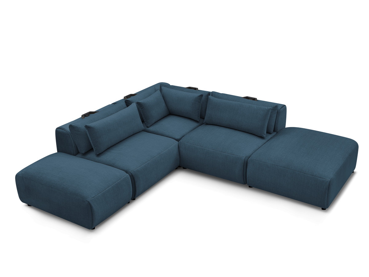 Canapé d'angle fixe modulable avec têtières JANA tissu velours avec 2 chauffeuses, 1 angle et 2 poufs