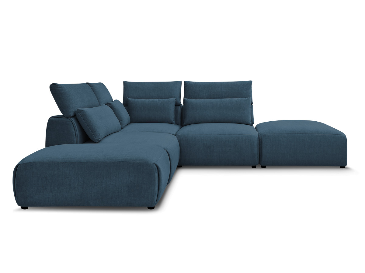 Canapé d'angle fixe modulable avec têtières JANA tissu velours avec 2 chauffeuses, 1 angle et 2 poufs