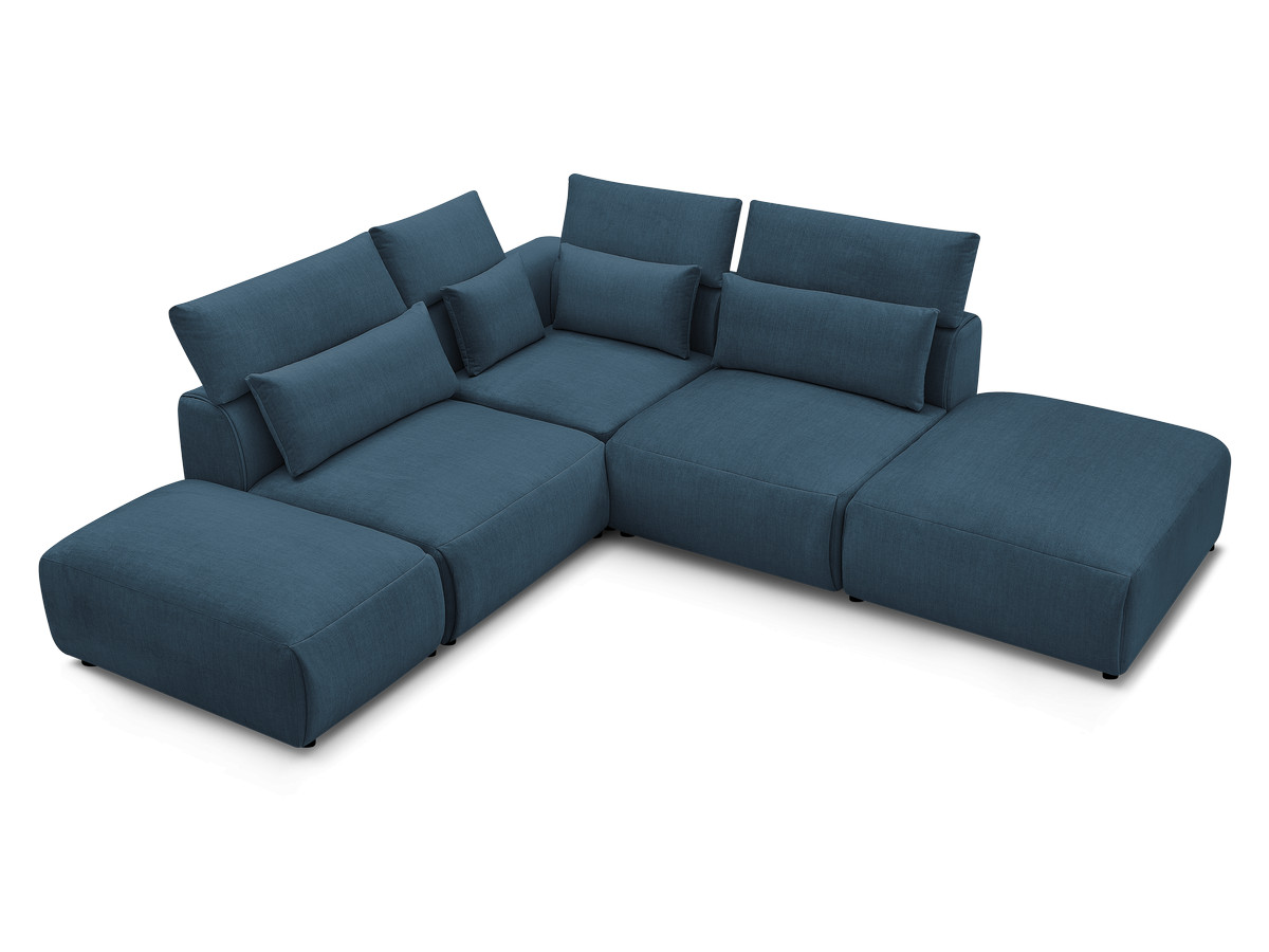 Canapé d'angle fixe modulable avec têtières JANA tissu velours avec 2 chauffeuses, 1 angle et 2 poufs