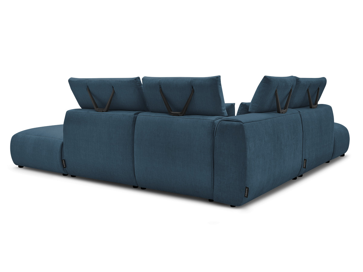 Canapé d'angle fixe modulable avec têtières JANA tissu velours avec 2 chauffeuses, 1 angle et 2 poufs