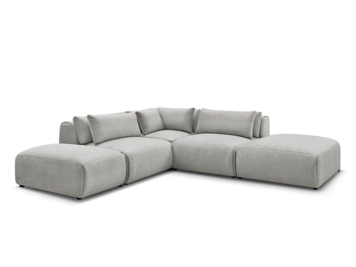 Canapé d'angle fixe modulable avec têtières JANA tissu velours avec 2 chauffeuses, 1 angle et 2 poufs