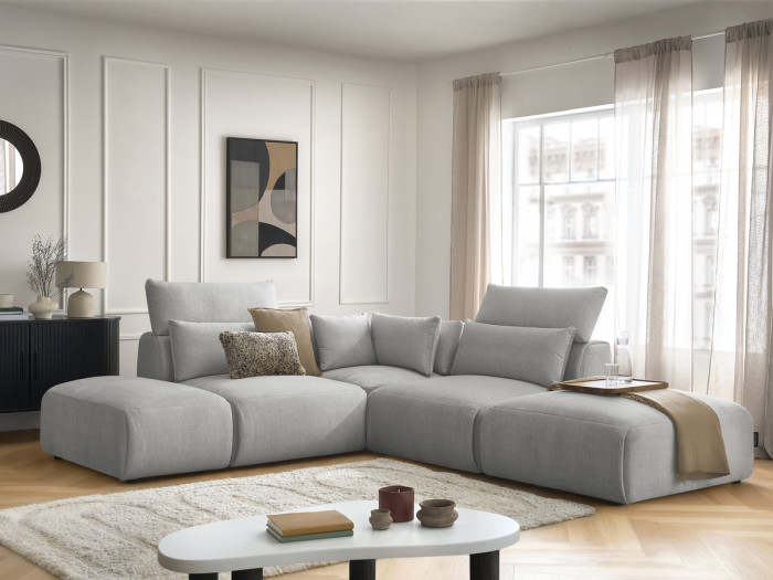 Canapé d'angle fixe modulable avec têtières JANA tissu velours avec 2 chauffeuses, 1 angle et 2 poufs