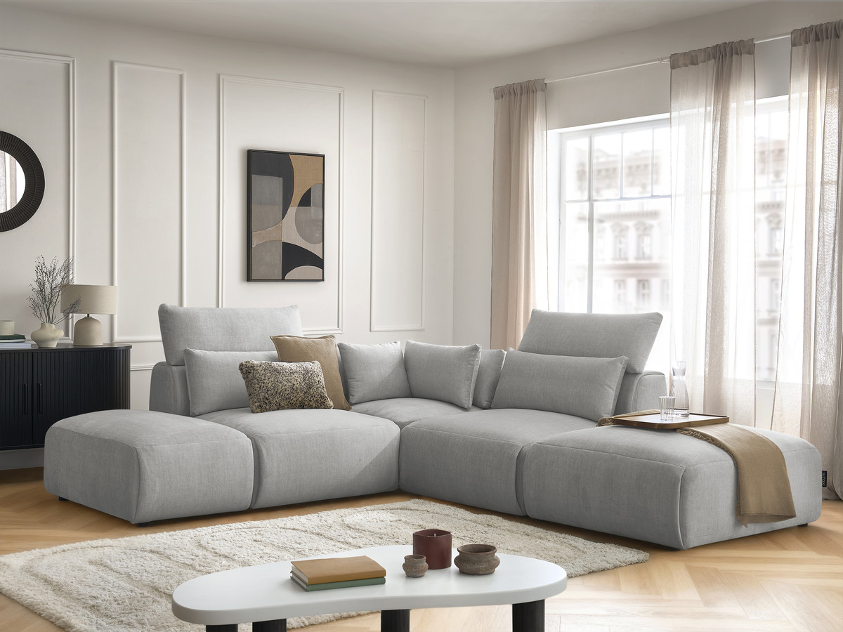 Canapé d'angle fixe modulable avec têtières JANA tissu velours avec 2 chauffeuses, 1 angle et 2 poufs