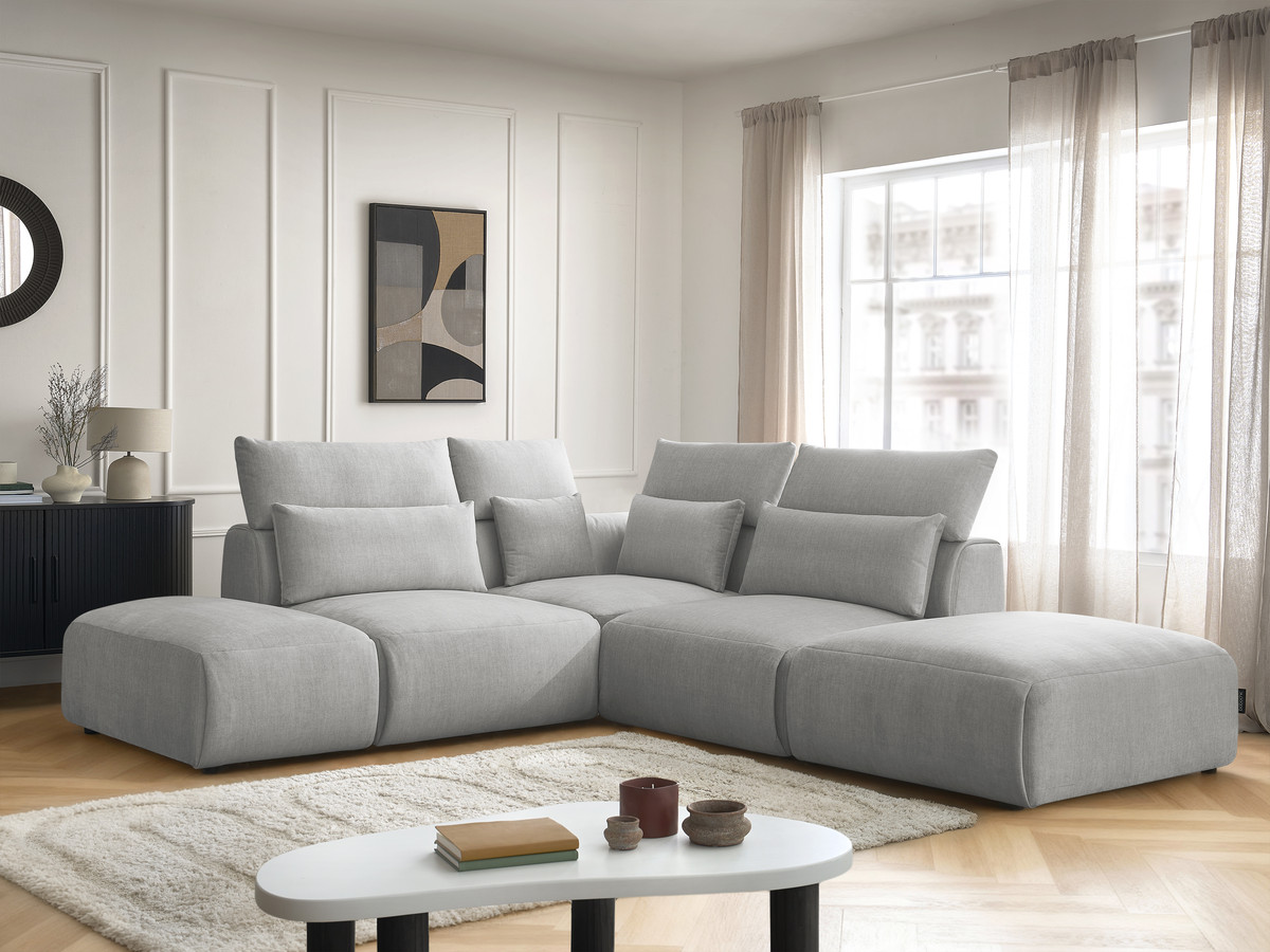 Canapé d'angle fixe modulable avec têtières JANA tissu velours avec 2 chauffeuses, 1 angle et 2 poufs