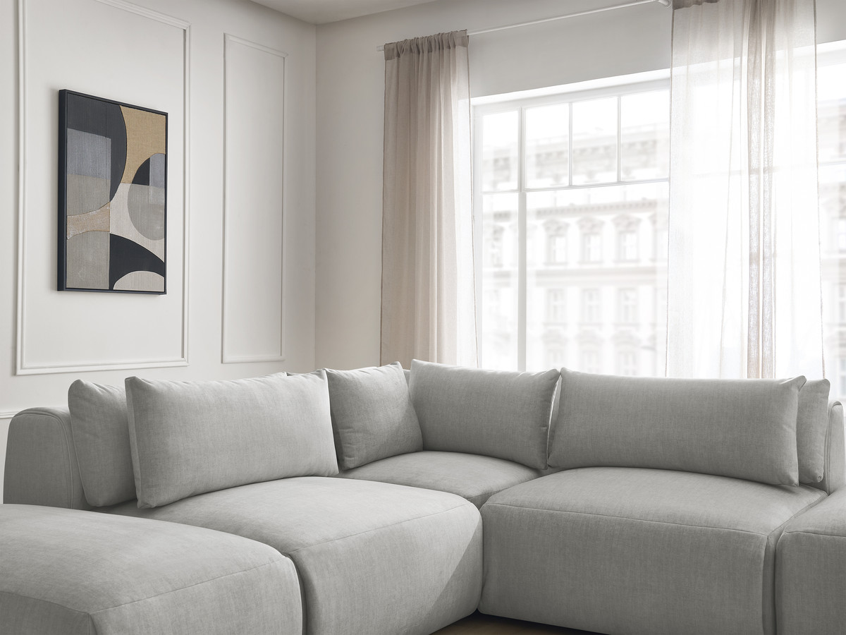 Canapé d'angle fixe modulable avec têtières JANA tissu velours avec 2 chauffeuses, 1 angle et 2 poufs