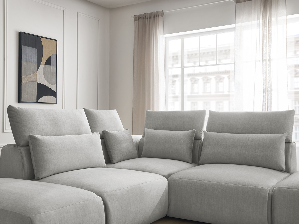 Canapé d'angle fixe modulable avec têtières JANA tissu velours avec 2 chauffeuses, 1 angle et 2 poufs