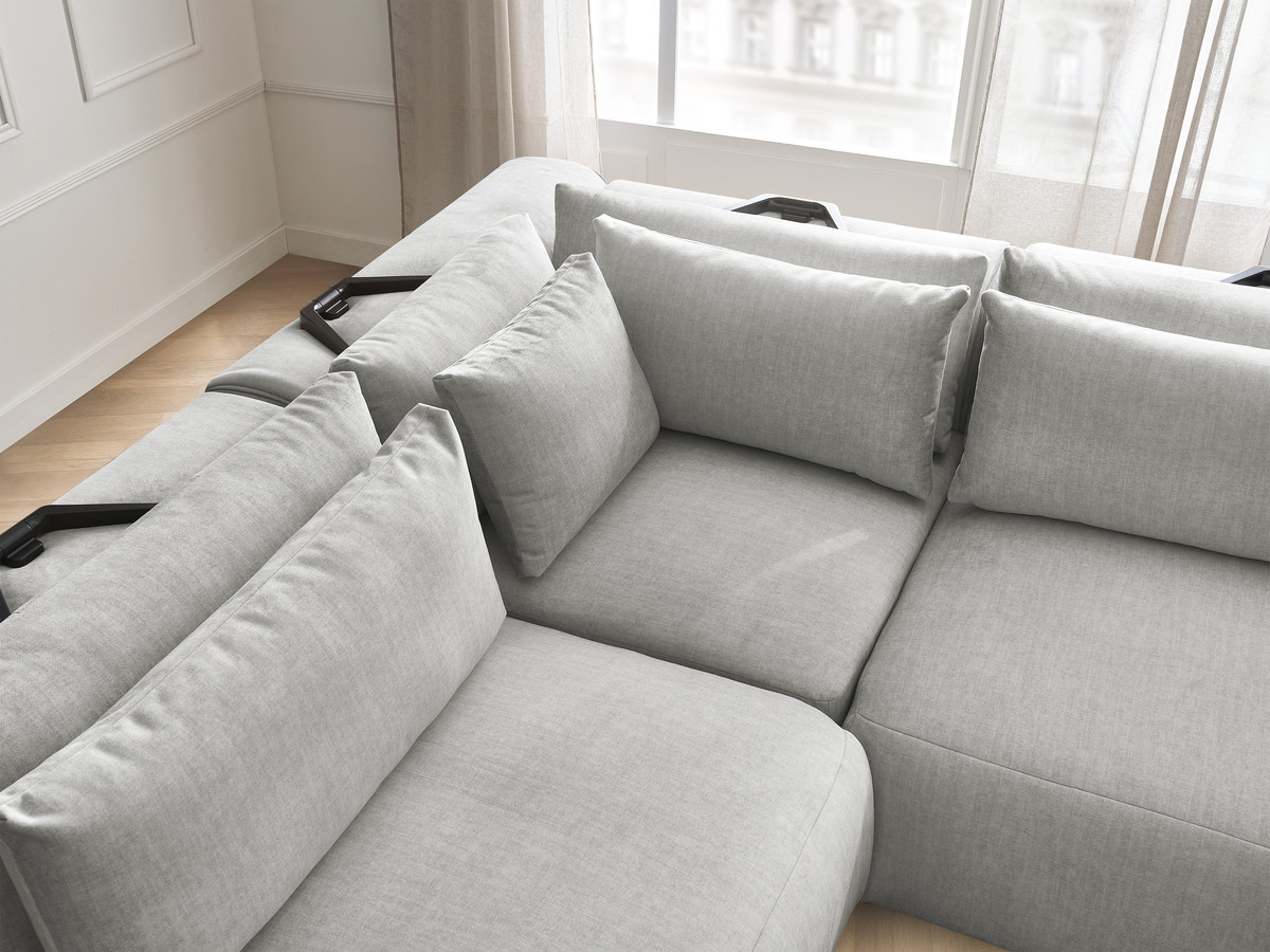 Canapé d'angle fixe modulable avec têtières JANA tissu velours avec 2 chauffeuses, 1 angle et 2 poufs